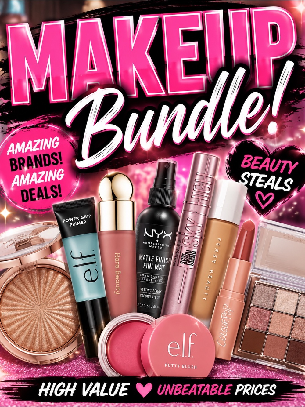 A Makeup Bundle - Assorted Pink Shades by e.l.f., NYX, Rare Beauty & More